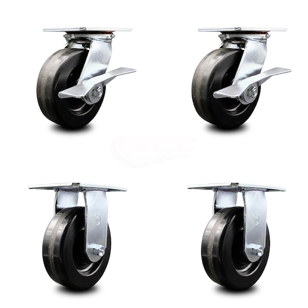 6 Inch Phenolic Caster Set with Ball Bearing 2 Brakes and 2 Rigid